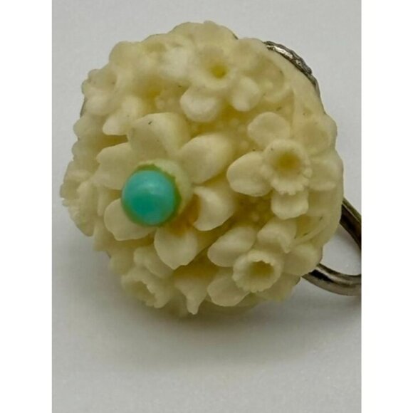 Vintage Earrings Carved Lucite/Resin Flowers Faux Turquoise Screw-Back, Unsigned - Picture 4 of 9